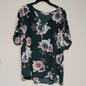 Maurices Floral V-Neck Blouse in Teal and Pink
